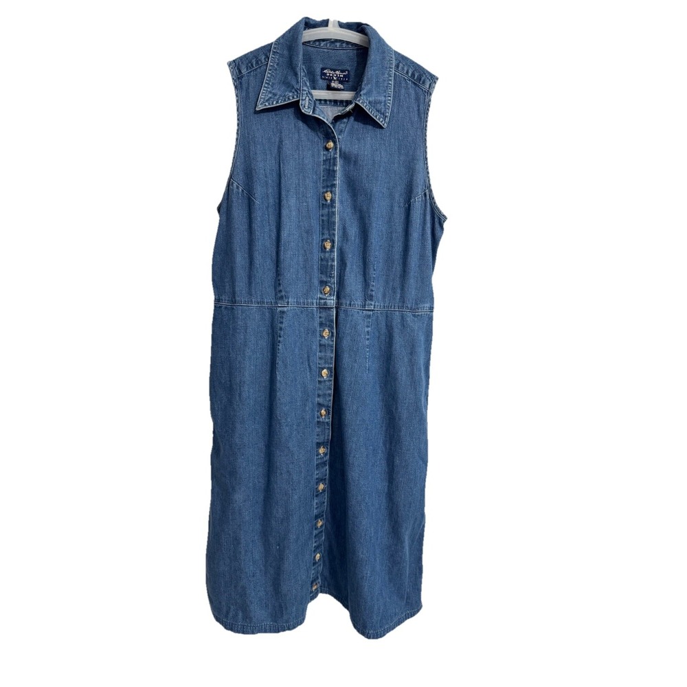 Vintage 90s Eddie Bauer Size 12 Button Front Shirt Denim Maxi Dress Sleeveless